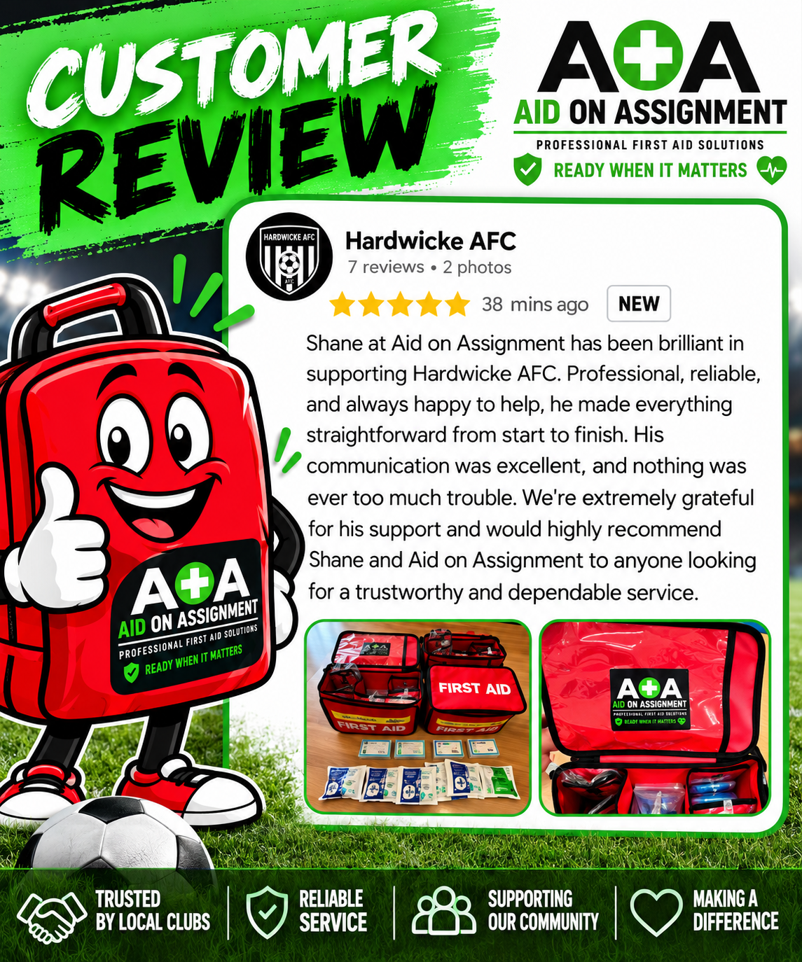 5-star Google review from Hardwicke AFC — Shane at Aid on Assignment has been brilliant in supporting Hardwicke AFC